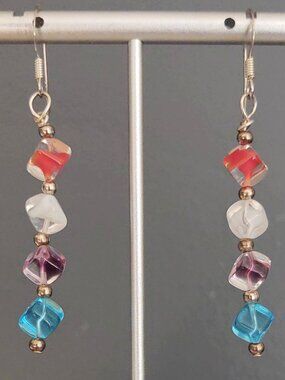 Blue, clear, red and purple glass earrings